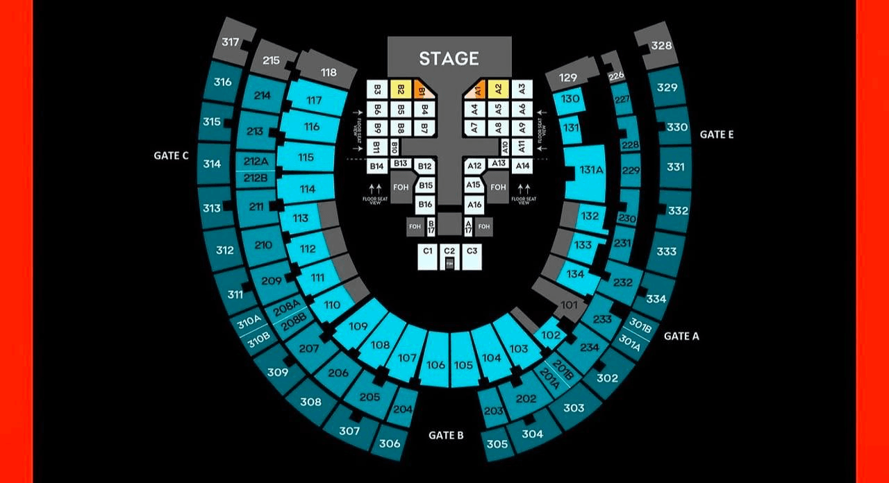 Seat map of TM Stadium Nasional (Bukit Jalil National Stadium) showing the stage and seating zones.