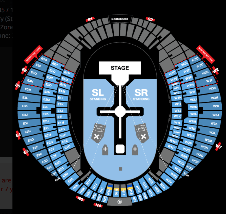 Seat map of Rajamangala National Stadium showing the stage and seating zones.